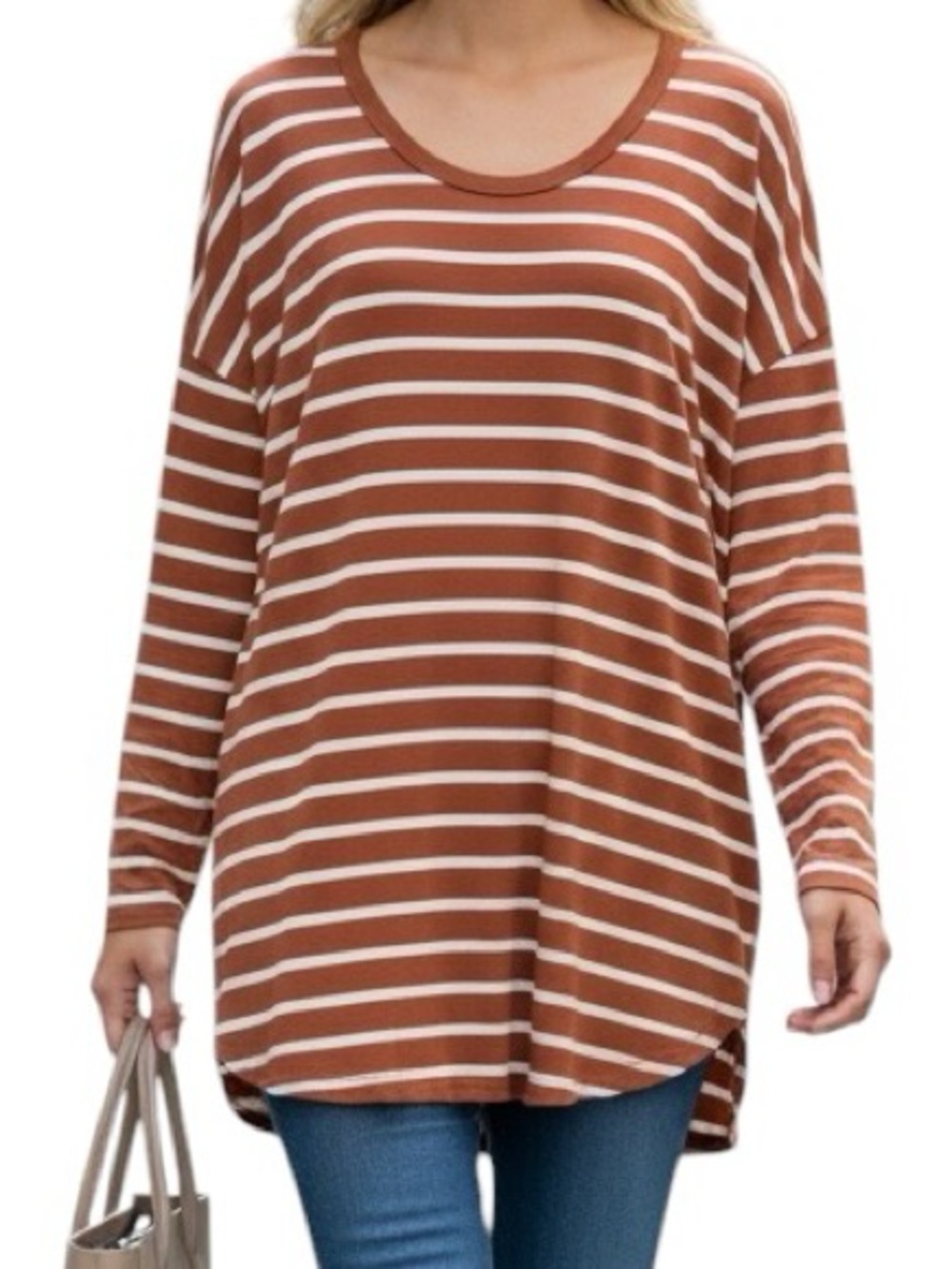 Old Navy Rust and Cream Striped Long Sleeve Tunic Top